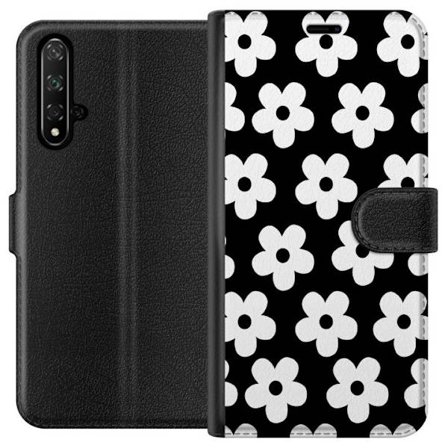 Yhteensopiva Lompakkokotelo Honor Honor 20 Mustavalkoinen kukkakuvio minimalistisessa skandinaavisessa muotoilussa, jossa voimakas kontrasti ja ajaton