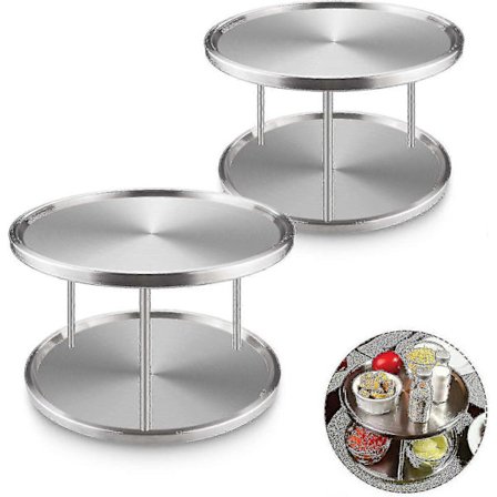 2 st Rostfria Stål Skivspelare - 2 Vånings Kryddkarusell, Roterande Förvaringshyllor, Kökskåp Skivspelare, Köksorganisatör