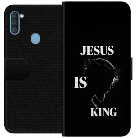 Yhteensopiva Lompakkokotelo Samsung Galaxy A11 Värikkäitä kawaii-hahmoja pinottuna pystysuunnassa violetilla taustalla, pehmeillä muodoilla ja leikkis