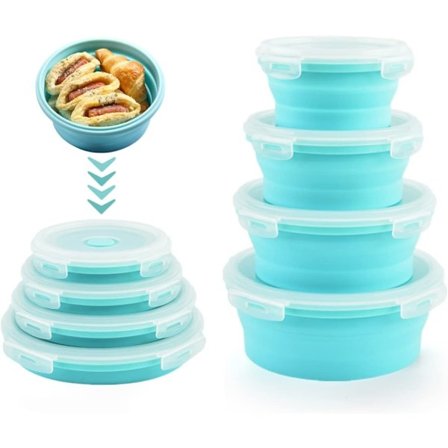 4 st Hopfällbara Skålar med Lock, Silikon Matförvaringsbehållare - Utrymmesbesparande Resetillbehör för Camping, Husbil, Släpvagnar 3-Pack