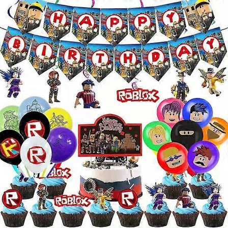 Roblox Bursdagsfestutstyr, Virtual World Party Dekorationssett Inkluderer Banner, Ballonger, Kake/Muffins Toppers, Hengende Virvler