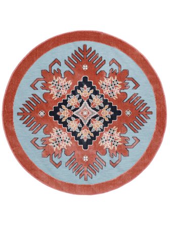 Lavável Tapete Para Interior/Exterior Fari Kilim Turquesa Redondo Pequeno Oeko-Tex