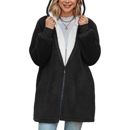 Dam lång fleece jacka med huva Plus Size långärmad fluffig plysch kappa varm teddy fleece jacka vinter hoodie ytterkläder kofta (XL)