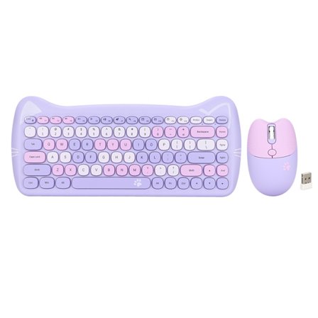 Sødt Katteformet 2.4G Trådløst Tastatur og Mus Farver Lav Energiteknologi Trådløst Tastatur og Mus Combo til Gaming Lilla Mix