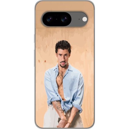 Yhteensopiva Puhelinkuori Google Pixel 8 Bad Bunny Super Bowl-inspiroima grafiikka, jossa NFL-trofe ja San Franciscon silta urheilusuunnittelussa