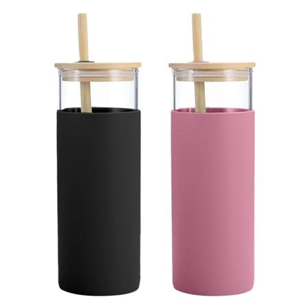 2 lasista juomalasia, lasinen vesipullo, olki, silikoninen suojakotelo, bambukansi, BPA-vapaa.