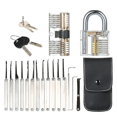 Transparent 15 stk. Lock Picking Sæt Kit Værktøj Med To Transparente Træningshængelåse Til Låsesmede Begyndere Og Professionelle