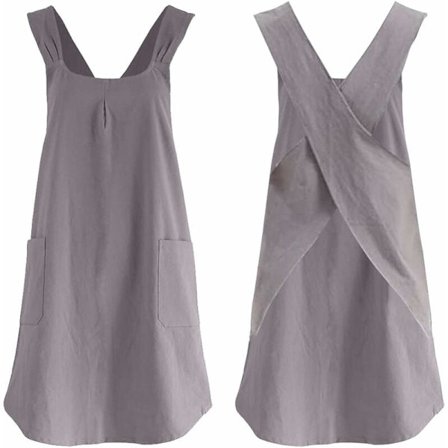 Grå ensfarget bomullslinforkle med store lommer, japansk S