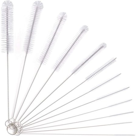 Flaskebørste, 12 stk. Lange Flaskerensebørster, Pibebørste, Kedeltudbørste, Sugerørsbørste, Nylon Flaske Pibe Rensesæt (Hvid)