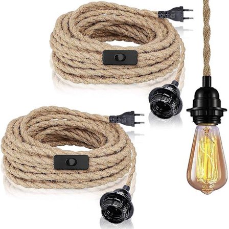 2-pak Hængelamper med Afbryder, Hampereb med 4,5 m Kabel, E27-fatning til Hall, Køkken, Spisebord, Bar (uden Pære)
