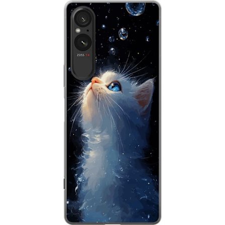 Yhteensopiva Puhelinkuori Sony Xperia 5 V Tähtikissan unelmakuvio valkoisella kissalla, joka tuijottaa tähtitaivasta, taianomainen unelma ja yön te