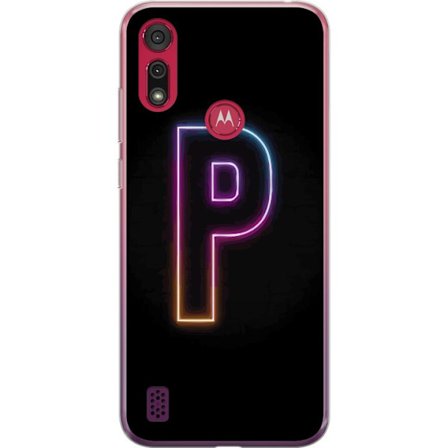 Kompatibel Mobilcover til Motorola Motorola Moto E6s (2020) Minimalistisk neonbogstav P i farvegradient og lyseffekt mod sort baggrund i digital neons