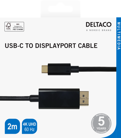 Deltaco USB-C - DisplayPort cable, 4K UHD, gold plated, 2m, black