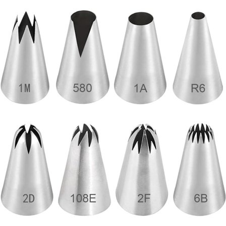 8-delt profesjonelt sprøytemunnstykkesett, laget av rustfritt stål, for dekorering av kaker og muffins.