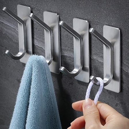 Selvklebende Kroker, Håndklekroker Doble Klistrekroker Moderne Kleshengere 4 Pakning for Bad Kjøkken, Veggmontert i Rustfritt Stål