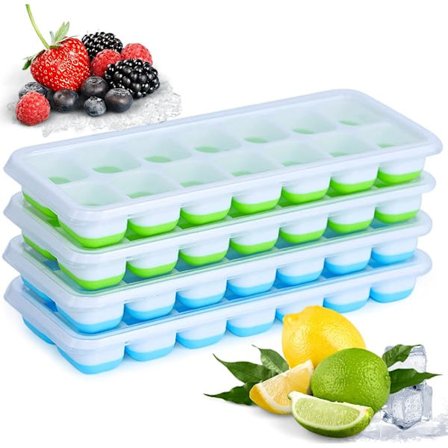 Sæt med 4 stable isterningbakker med låg/silikone, nem at frigøre, opvaskemaskine sikker/ideel til cocktailbatch-madlavning, babymad, isfryser