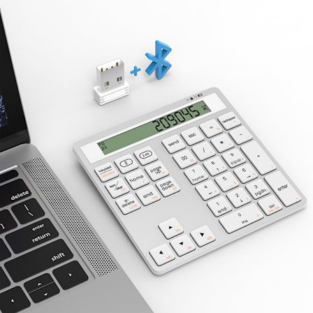 2-i-1 Bluetooth trådløst numerisk tastatur hvidt med display, kompatibelt med Windows Mac, til bærbar stationær tablet