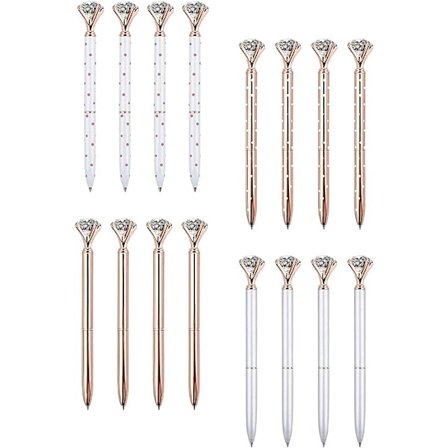 16 stk. Store Krystal Diamant Kuglepen Bling Metal Kuglepen Kontorartikler, Rosenguld/Sølv/Hvid Med Røde Polka Dots/Rosenguld Med Hvid P