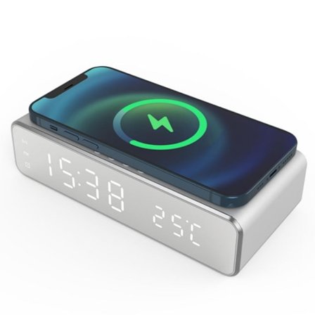 INF Digitalt LED vækkeur med trådløs oplader/termometer Sølv