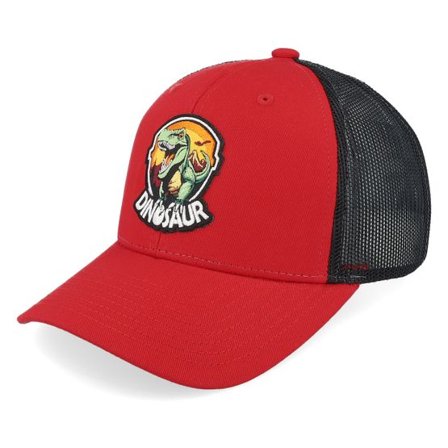 Kiddo Cap - Röd trucker Keps - Kids Dino Badge Scarlet/Black Trucker @ Hatstore
