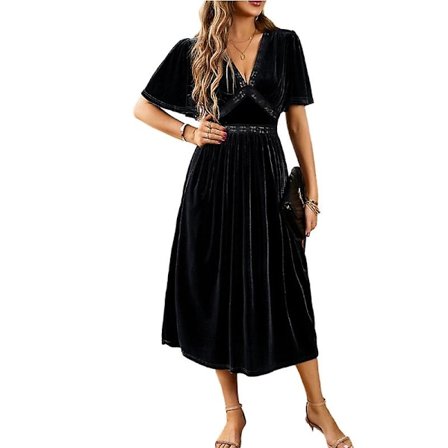 Kvinnors Sammets V-hals Klänning, Kortärmad Casual Fest Maxiklänning