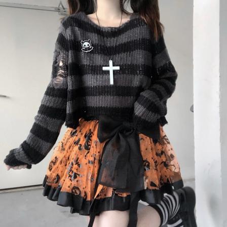 Karrram Rosa Randiga Gotiske Trøjer Kvinder Rippede Huller Løs Strikkede Pullover Frayed Fe Grunge Hopper Emo Street Emo Tøj Lolita. Gray short One 