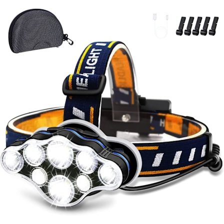 Oppladbar hodelykt, 8 LED hodelykt lommelykt 18000 lumen 8 M
