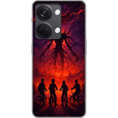 Kompatibelt Mobilskal till OnePlus OnePlus Nord 3 Mörk fantasyillustration inspirerad av Stranger Things med övernaturlig varelse, blixtar och cykla