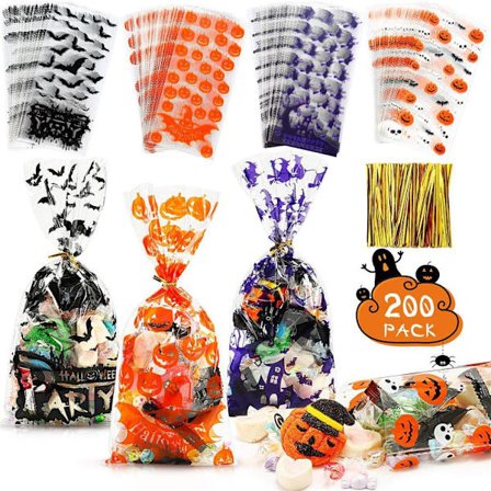 200 stk Halloween Cellophane Godteposer, Godteposer Flaggermus Gresskar