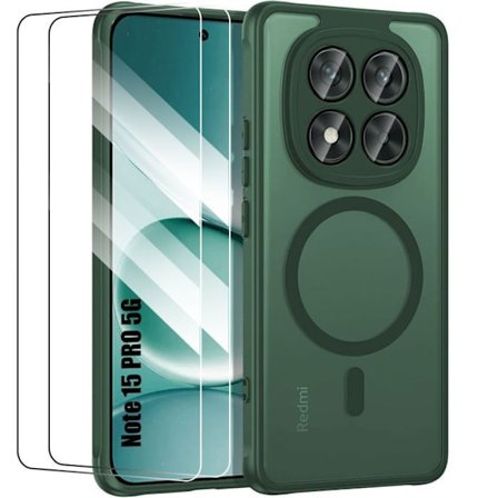 Cover + 2 Tempered Glasses for Xiaomi Redmi Note 15 Pro 5G - with Magnetic Circle - Night Green