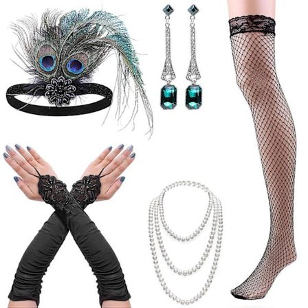 Flapper Tilbehør, 1920'er Gatsby Tilbehør til Kvinder Inkluderer Flapper Pandebånd Halskæde Handsker Sort