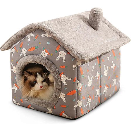Foldbart dyrehus til katte, indendørs hundehus med skorsten, blød og varm halvt lukket katteseng