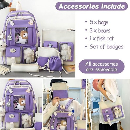 Rygsæk med søde vedhængstilbehør, 5-delt sæt, stor skole taske i kanvas, trendy skoletaske 43*30*13cm - lilla