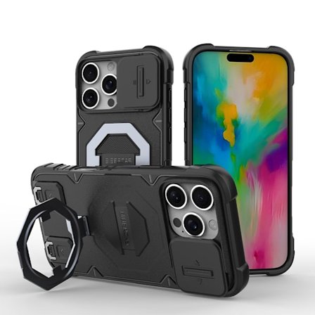 Kompatibel med IP-16PRO MAX støtsikkert deksel, telefondeksel med stativ, svart