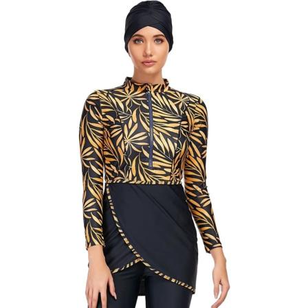 lim Badkläder för kvinnor Modest Swimsuit Burkini Topp Byxor Hijab 3 Delar Full Cover Blommigt Tryck Baddräkt Islamisk Gul + Blad Stor