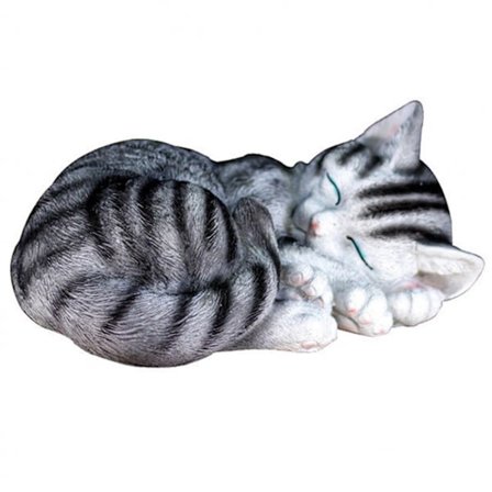 Grå hagestatue katt skulptur realistisk form søt sovende