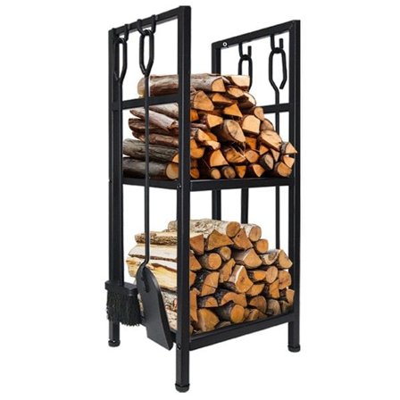 Vedstativ i metall med peisredskaper – Svart