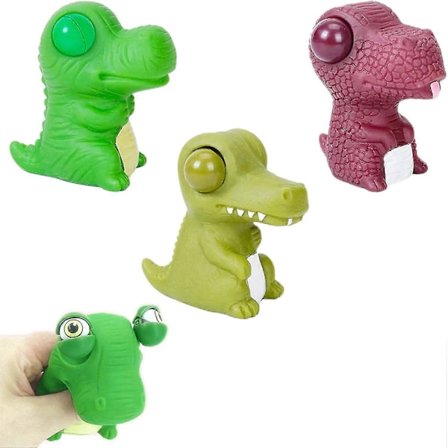 Myke, klemmbare dinosaurleker med utstående øyne; et 3-delt sett med dyreleker med store øyne.