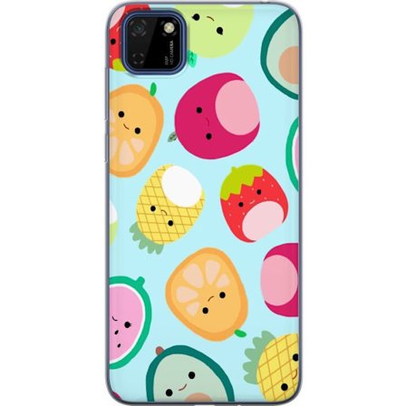Kompatibelt Mobildeksel til Huawei Y5p Mønster av kawaii-frukter som jordbær sitron ananas og avocado på lyseblå bakgrunn