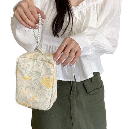 Gul Stor Kapacitet Bærbar Makeup Taske med Perlevedhæng til Rejser og Ferie