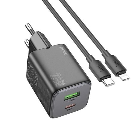 Hoco Väggladdare 1xUSB-C 1xUSB-A 20W + Lightning Kabel N41 - Svart