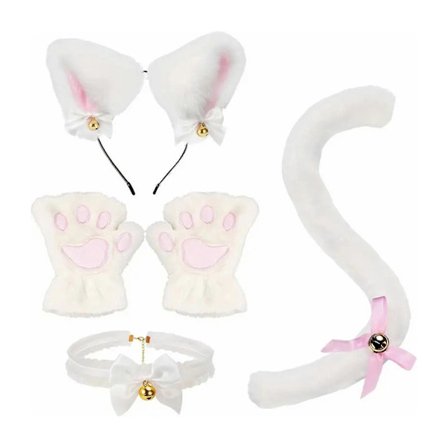 4-delt kattekostyme/rollelek-tilbehørssett, plysj katteører, pannebånd, bjellehalsbånd, pote- og halesett, hvit.