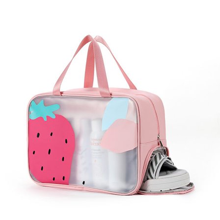 Toalettveske med våt og tørr separasjon, stor kapasitet bærbar reise kosmetikkveske, håndveskeoppbevaringsveske med skooppbevaring (jordbærrosa)