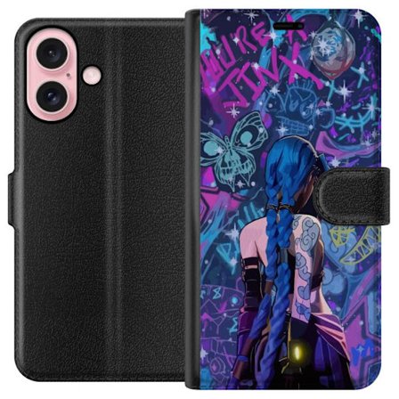 Yhteensopiva Lompakkokotelo Apple Apple iPhone 16 Värikäs graffitipiirros, jossa on sinisellä hiuksilla varustettu hahmo kaupunkimaisessa neon-tyyl