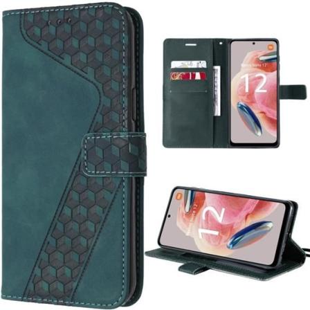Etui til Xiaomi Redmi Note 12 4G, etui med geometrisk design i lædereffekt med kortholder og stativ, grøn (ikke til Redmi 12)