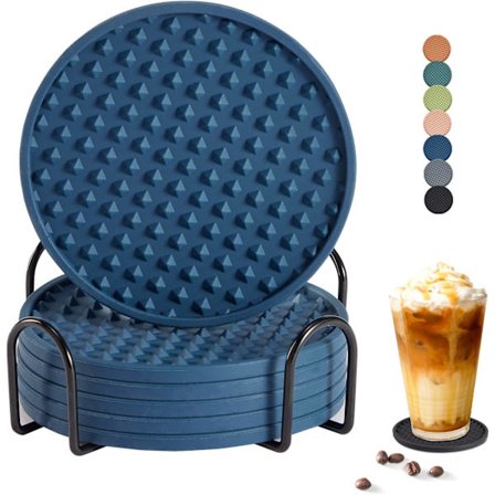 Glassbrikker Sett med 6 med Holder - Silikonunderlag Bordbeskyttelse for Alle Bordtyper - Underlag - for hjemmeinnredning og bryllupsgaver - Mørkeblå