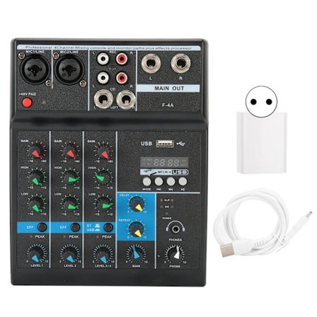 Audio Mixer Kompakt Mixerbord, 4-kanalsmixer med USB-funktion Inbyggt ljudkort Högupplöst headsetutgång Ingångsförstärkningsjustering Diskant