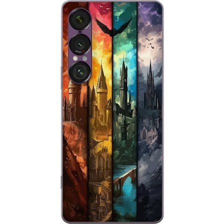 Kompatibel Mobilcover til Sony Sony Xperia 1 VII Fire magiske slotte i forskellige elementfarver, episk fantasykunst med ild vand luft og mørke i det