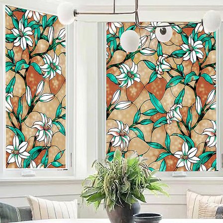 (Gul, 44.5x300cm)Farvet glas vindue film privatliv frostet glas film statisk klæbende glas klistermærke ikke-klæbende vindue film blomst dekorative 