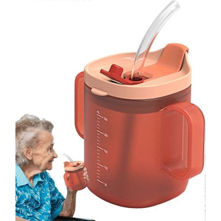 Sippkopp for voksne for eldre, rekonvalesenter kopp drikkekopp med sugerør for funksjonshemmede pasienter morkopp håndtak oransje 300ml